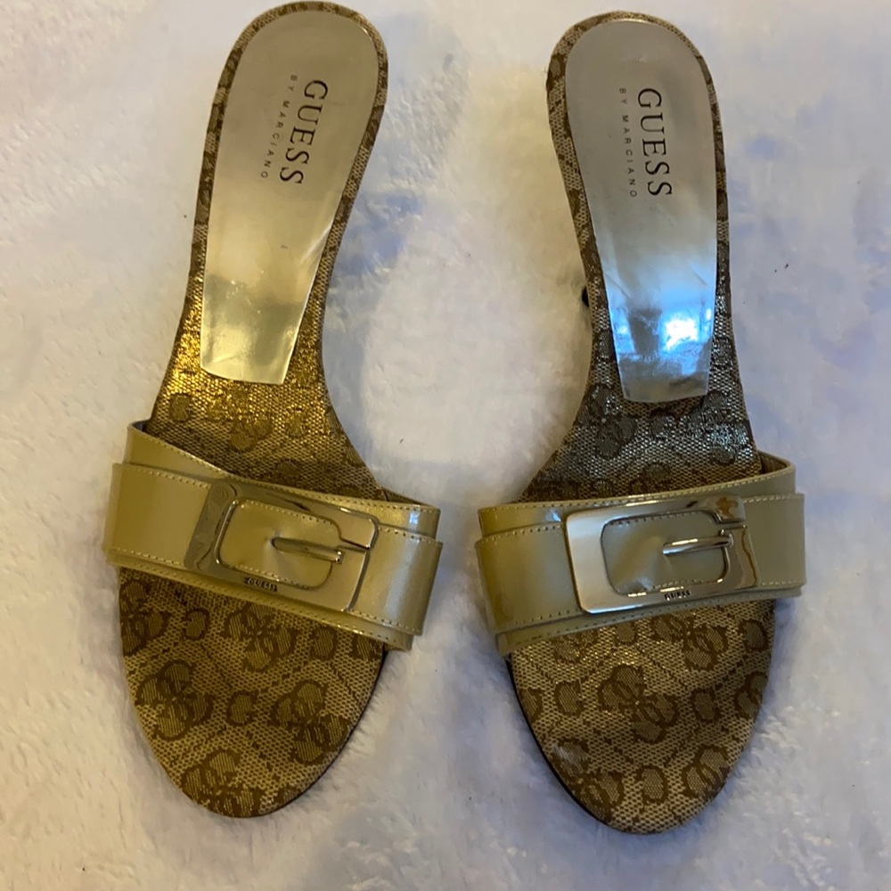 GUESS, tan, pumps. The inside of shoe is stunning with metallic colors. Steal!!